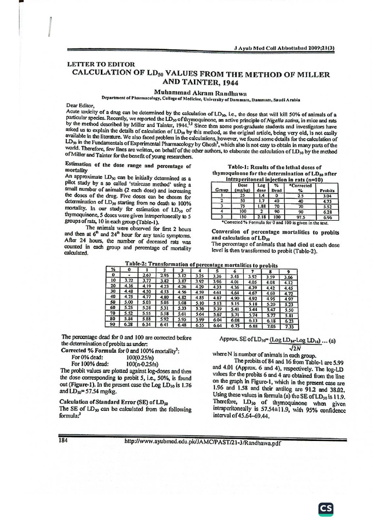 Calculation of LD50 Miller Tainter | PDF