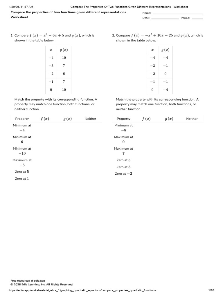Compare The Properties of Two Functions Given Different Representations ...