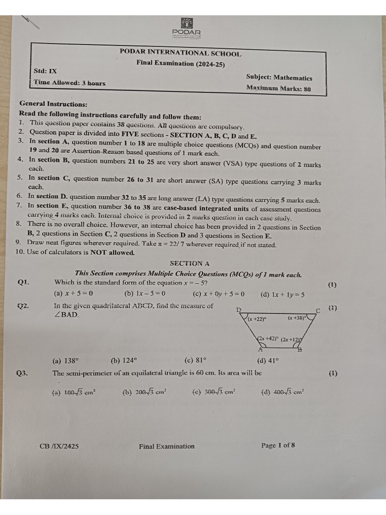 Practice Paper, Maths, Grade IX | PDF