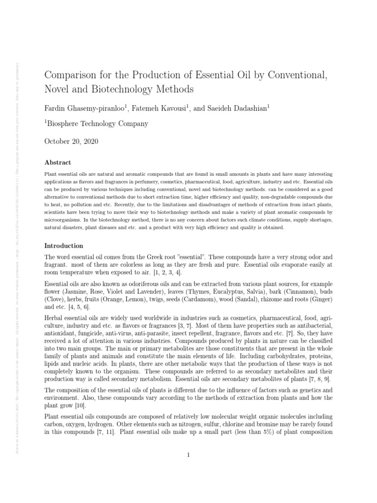 Comparison For The Production of Essential Oil by Conventional, Novel ...