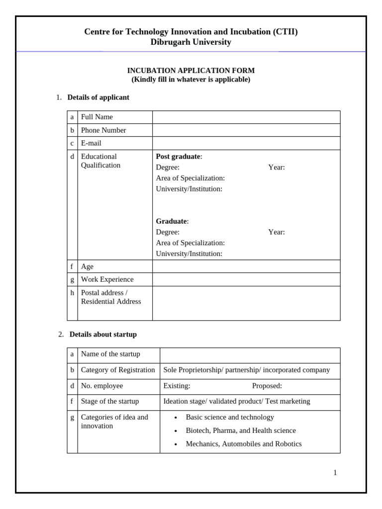 CTTI_IncubationApplicationForm | PDF | Startup Company | Small Business ...