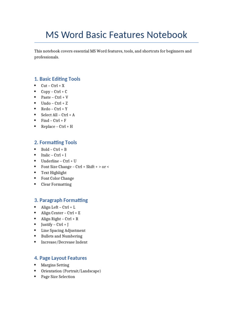 MS Word Basic Features Notebook | PDF