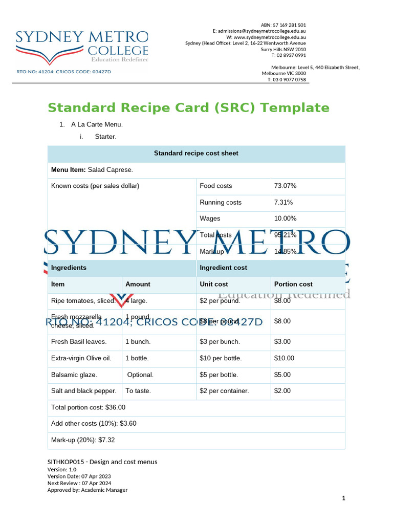 SITHKOP015 Standard Recipe Card SRC Template.docx | PDF | Menu | Teaspoon