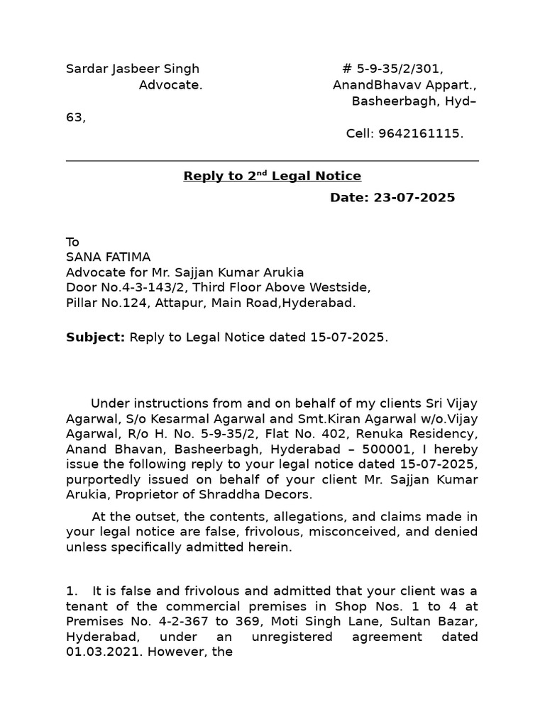 2nd Reply to Legal Notice @Vijay Agarwal | PDF | Lease | Justice
