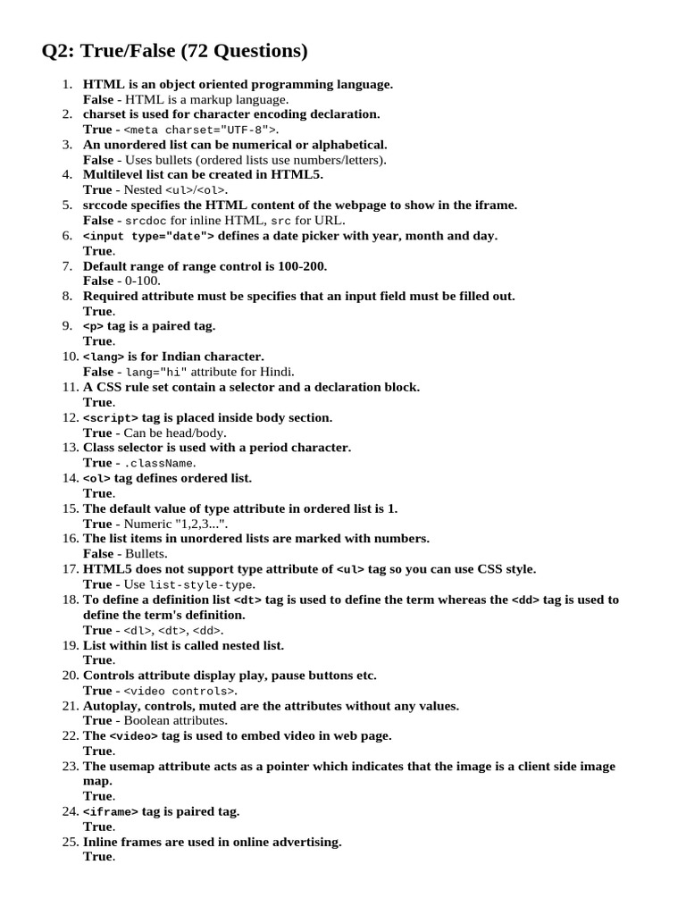 Q2: True/False (72 Questions) | PDF | Html Element | Html