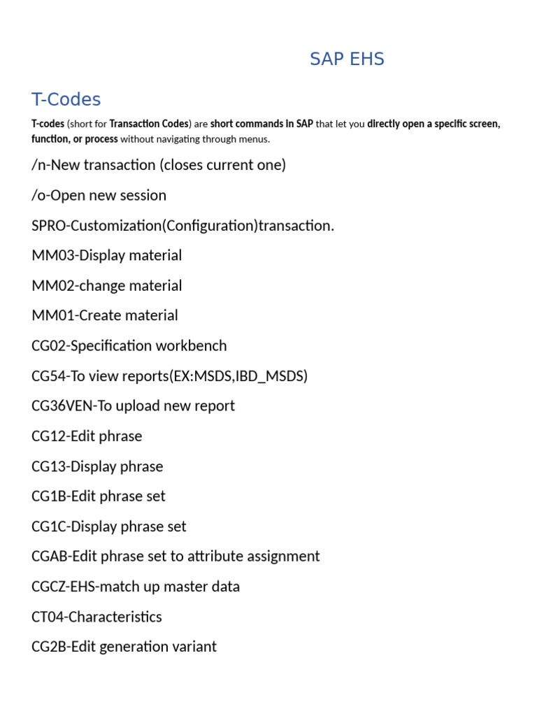 SAP EHS T-Codes | PDF