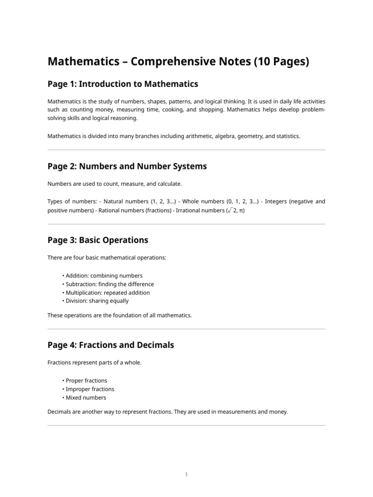 Mathematics - Complete Notes | PDF | Numbers | Multiplication