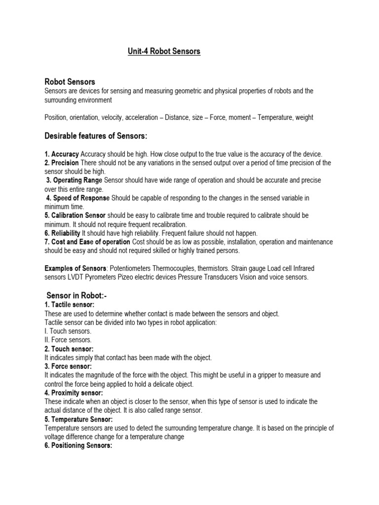 Unit-4 Robotic Sensors | PDF | Computer Vision | Sensor