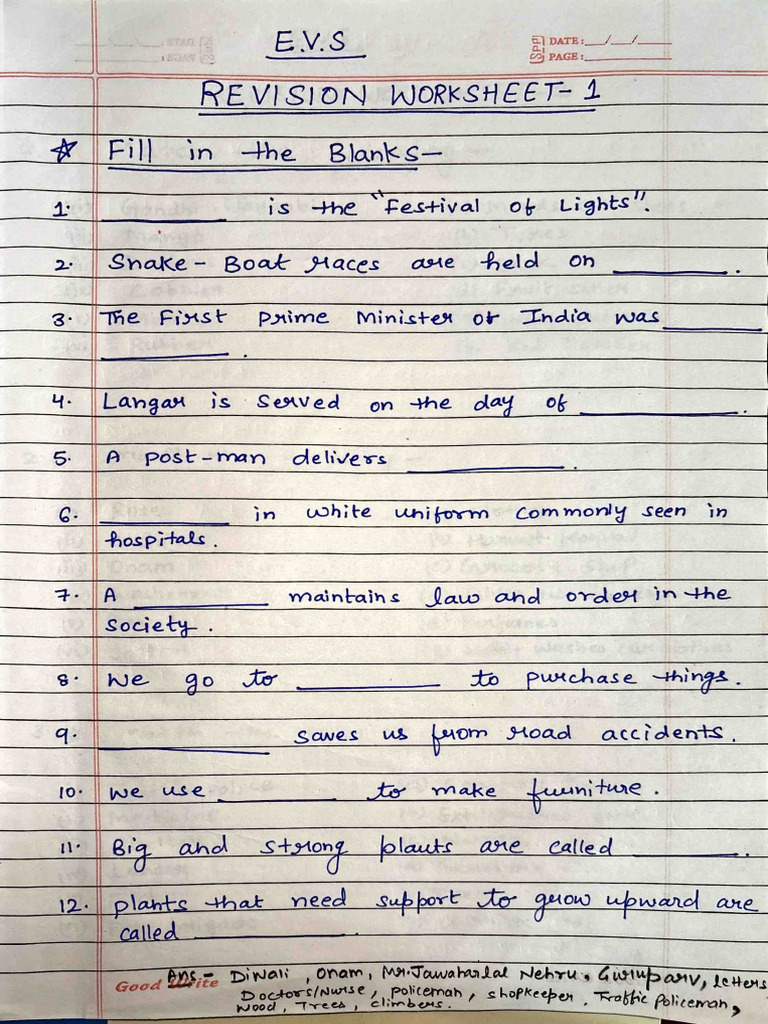 Evs Worksheet Class 2 | PDF