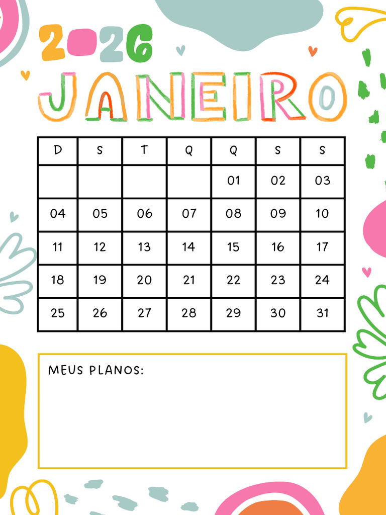 Documento A4 de Calendário de 2026 Com Planos Divertido e Ilustrado ...