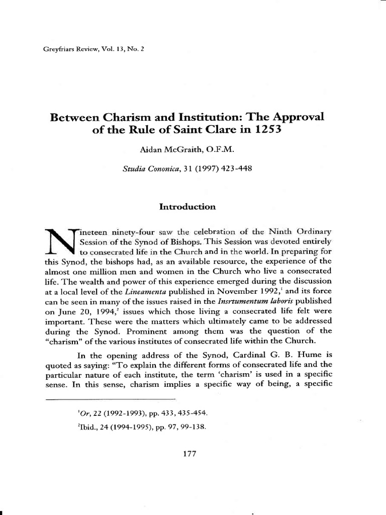 Between Charism and Institution the Approval of the Rule of Saint Clare ...
