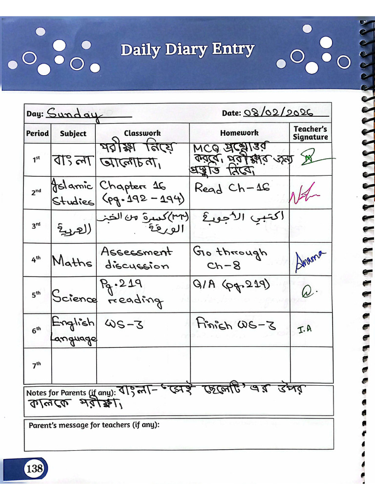 Daily Diary Entry Grade-VII Safa 08.02.26 | PDF