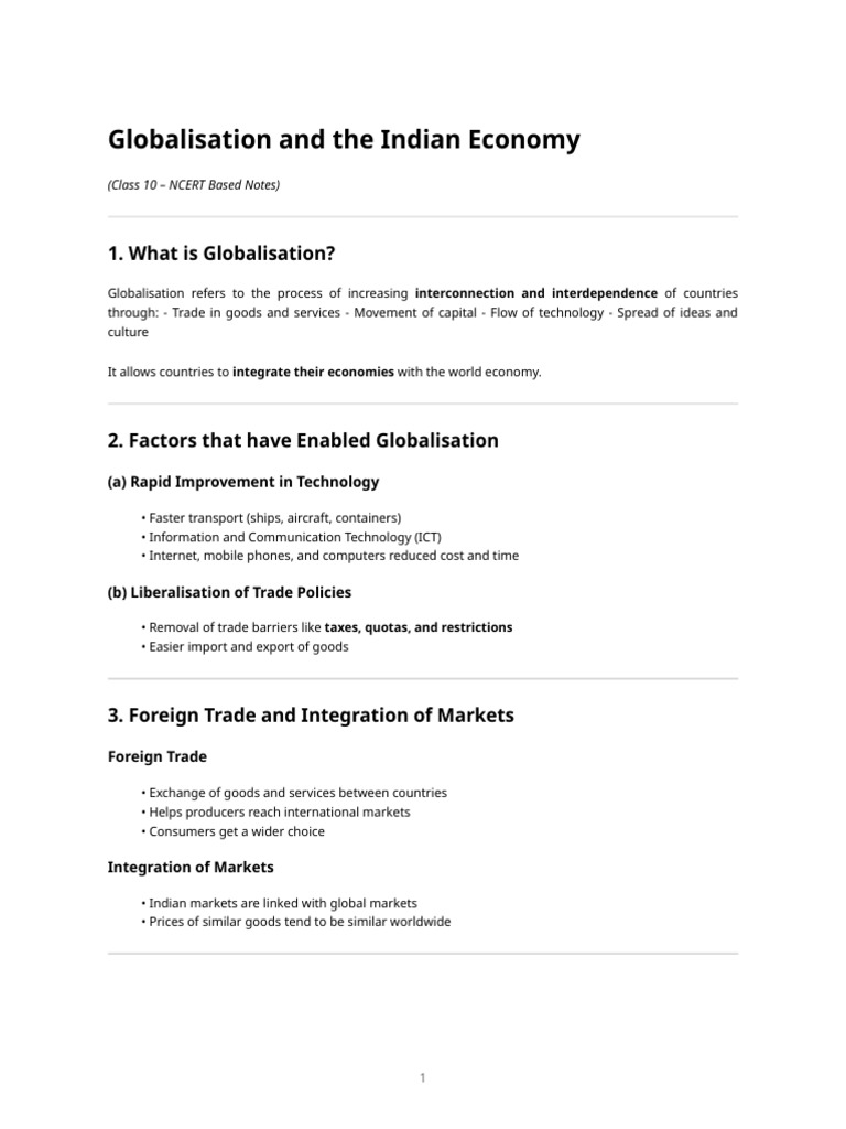 Globalisation and The Indian Economy - Class 10 Notes (Ncert) | PDF ...