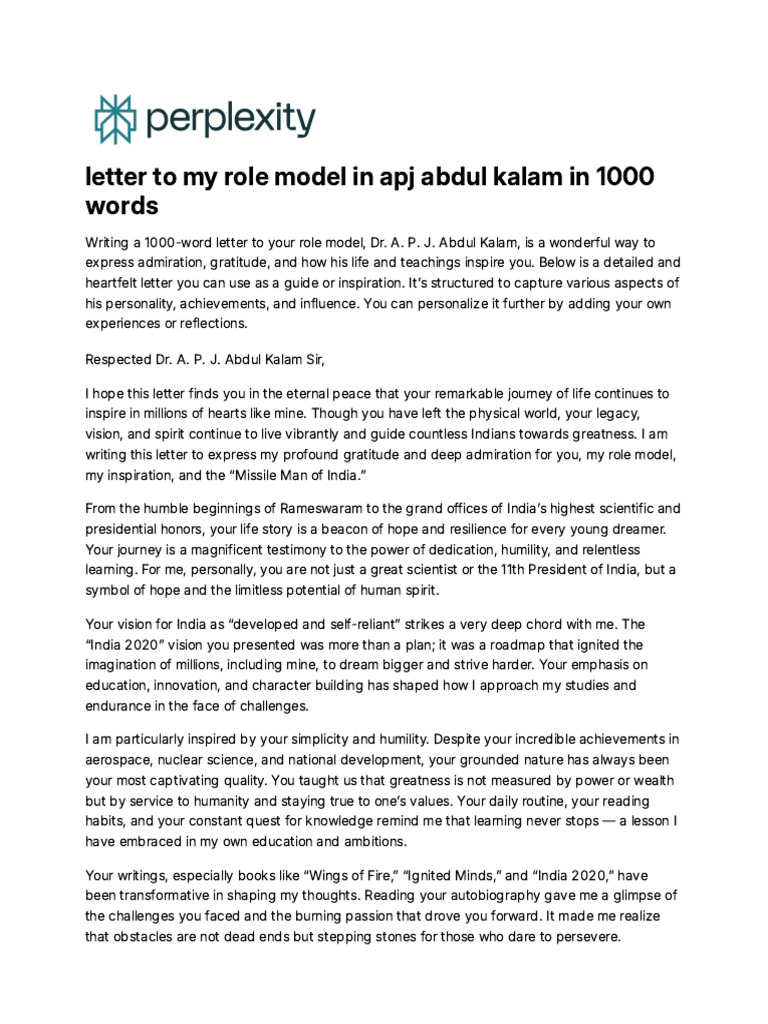 Letter To My Role Model in Apj Abdul Kalam in 1000 | PDF