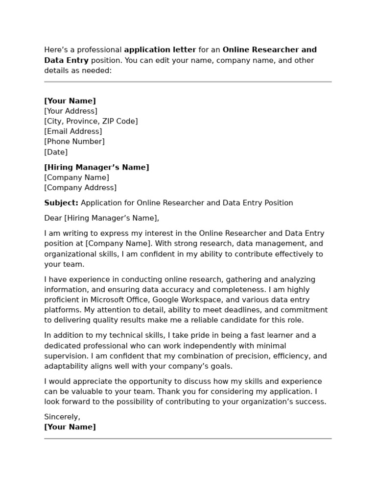 Application Letter For Data Entry | PDF