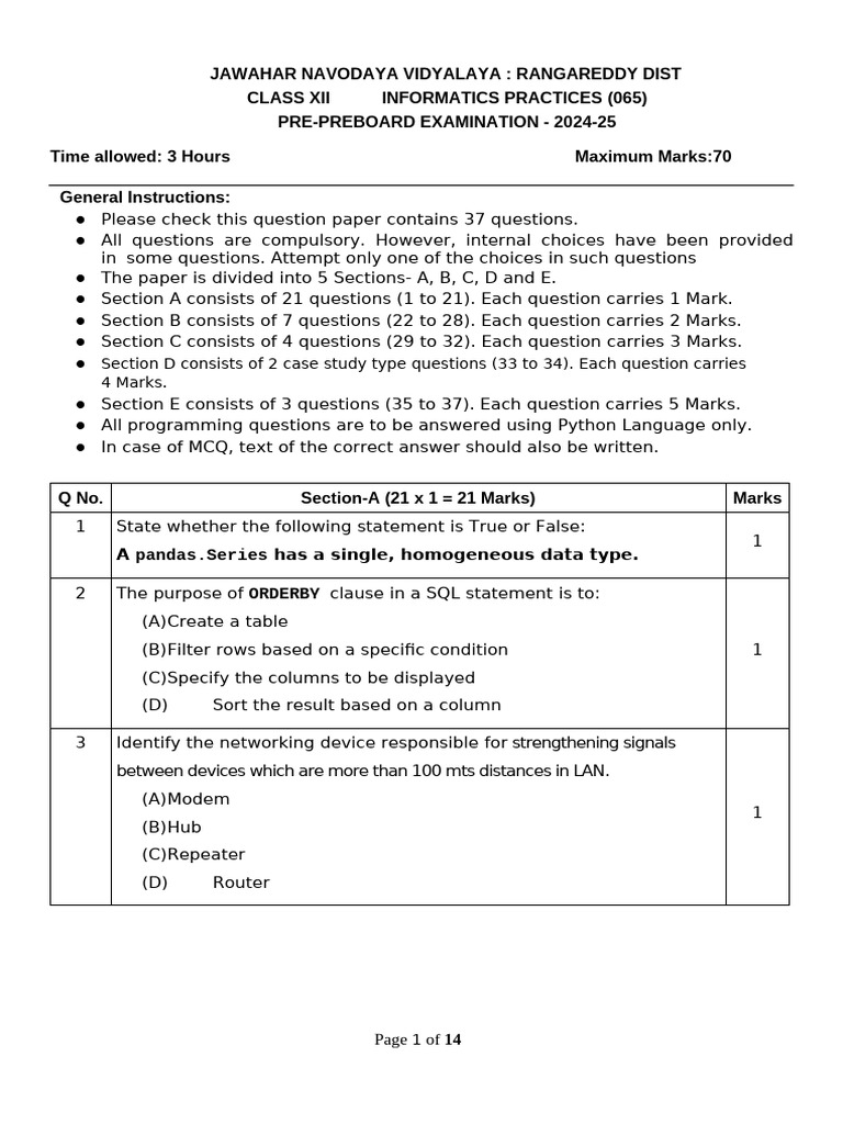 Xii Ip Pre Preboard QP 2024-25 | PDF | Data Management Software | Computing