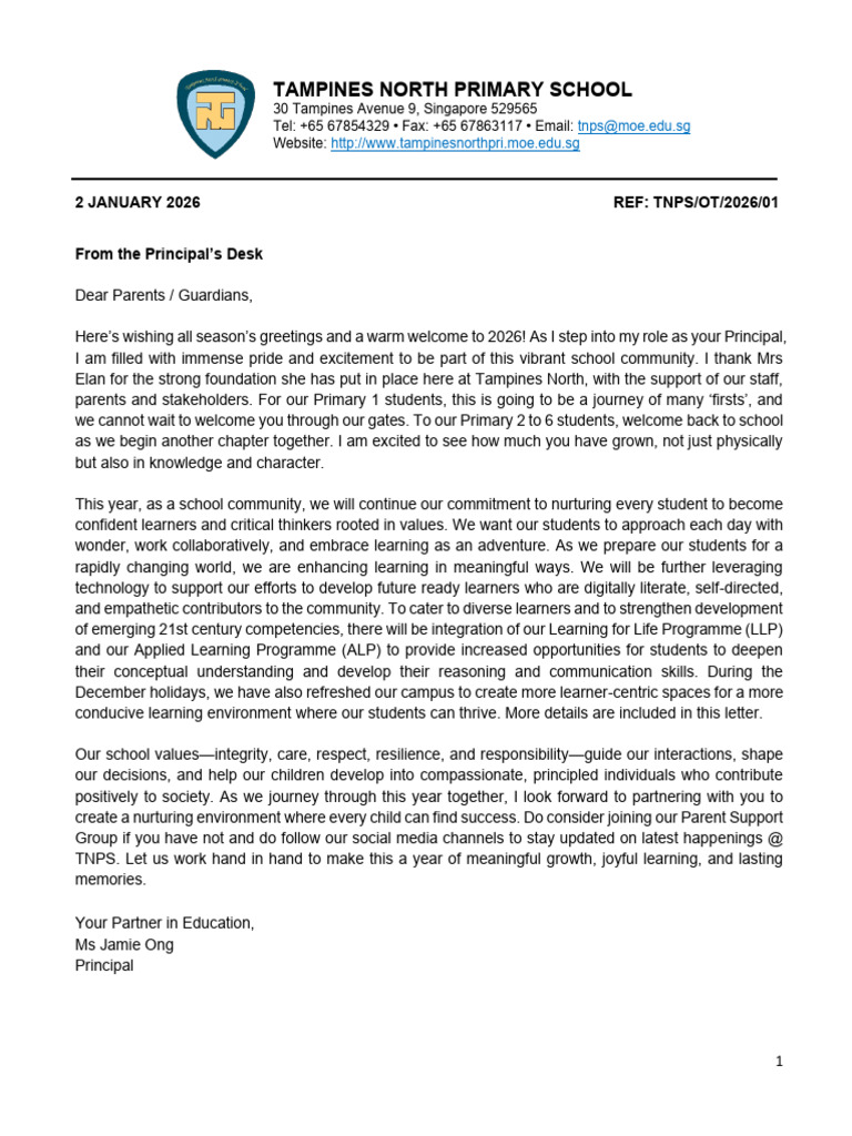 Term 1 Letter To Parents 2026 - P1 To P6 - 20260103 - 104833 | PDF ...