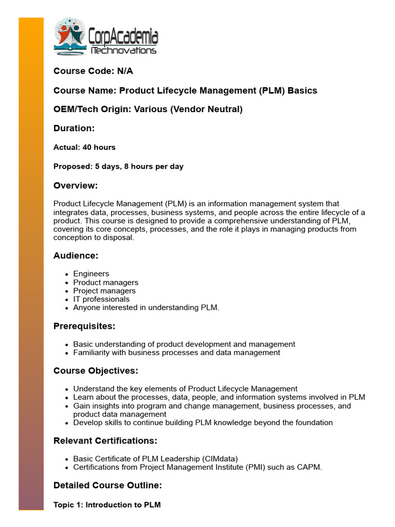 PLM - Platform Lifecycle Management - Vendor Neutral - 5 Days Course ...