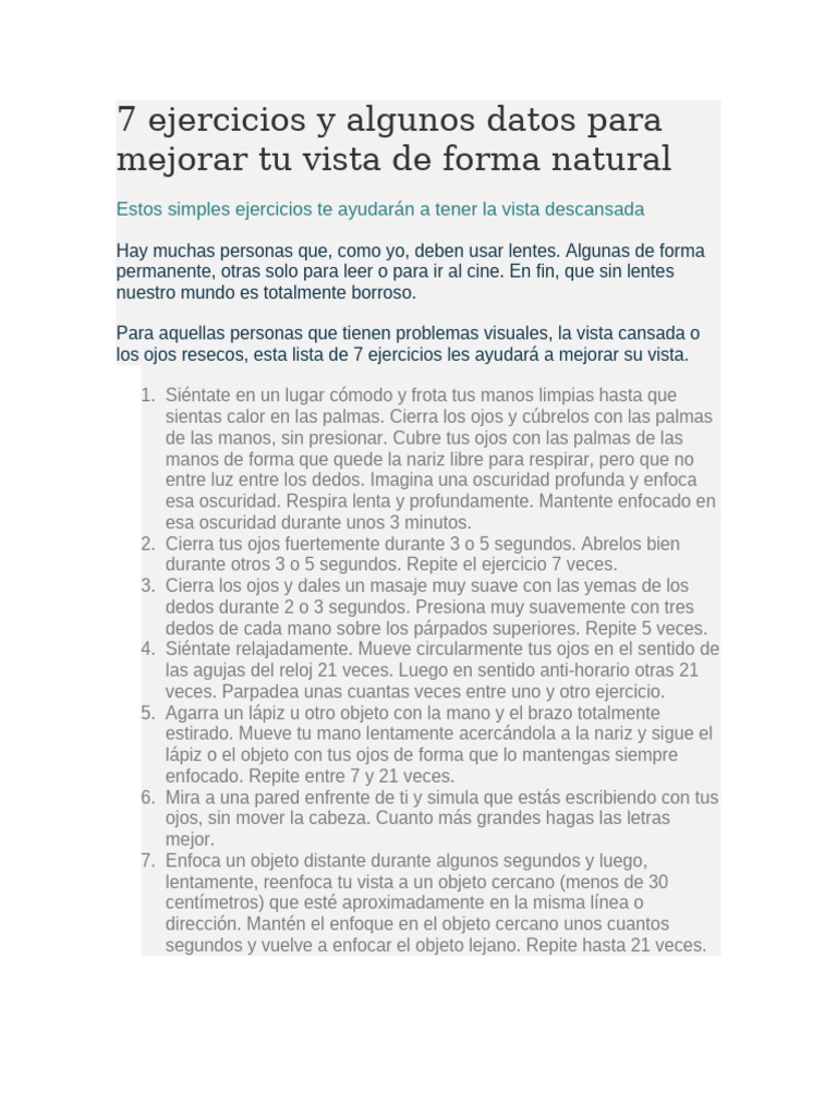 7 Ejercicios y Algunos Datos para Mejorar Tu Vista de Forma Natural | PDF