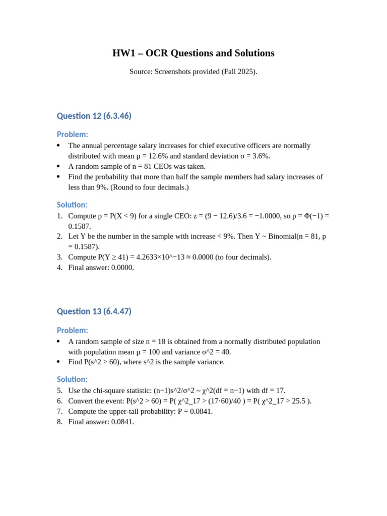 HW1 OCR Questions and Solutions | PDF | Standard Deviation | Normal ...