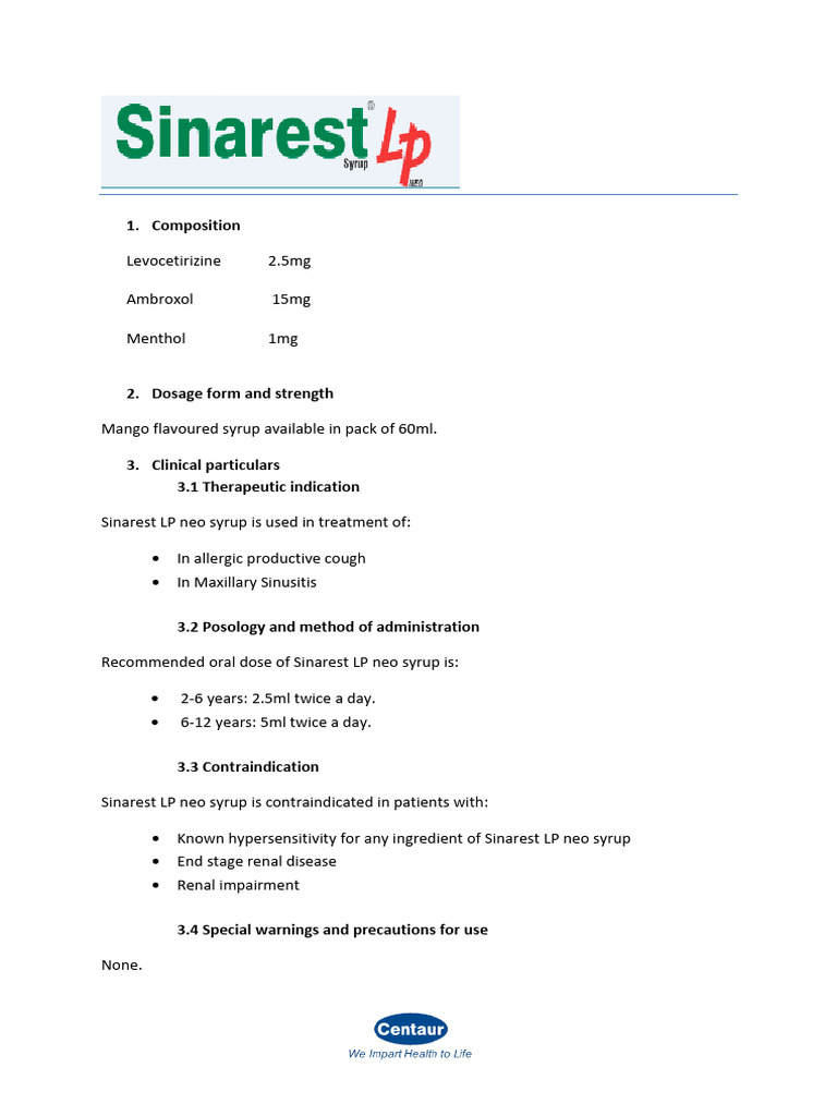 Sinarest LP Neo Syrup | PDF | Allergy | Pharmacology