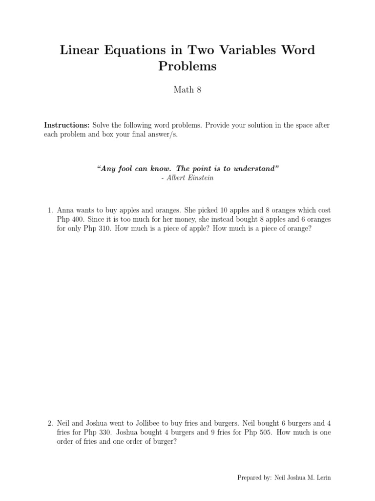 Linear Equations Word Problems 1 | PDF