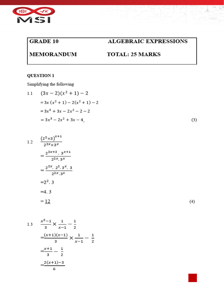 Grade 10 Algebraic Expression Test 1 Memo | PDF | Mathematics | Algebra