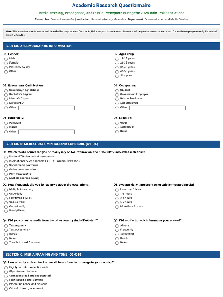 Media Framing Research Questionnaire - Indo-Pak 2025 | PDF | Media Bias ...