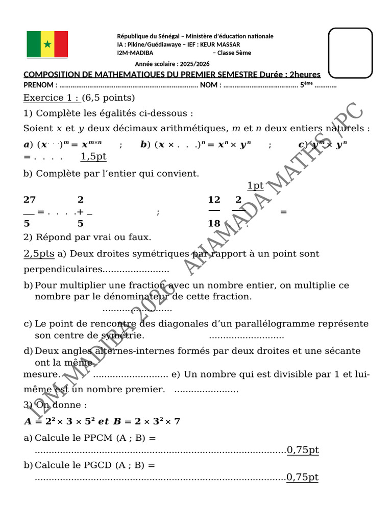 Compo Math 5ème MADIBA 1er Semestre | PDF | Mathématiques | Concepts ...