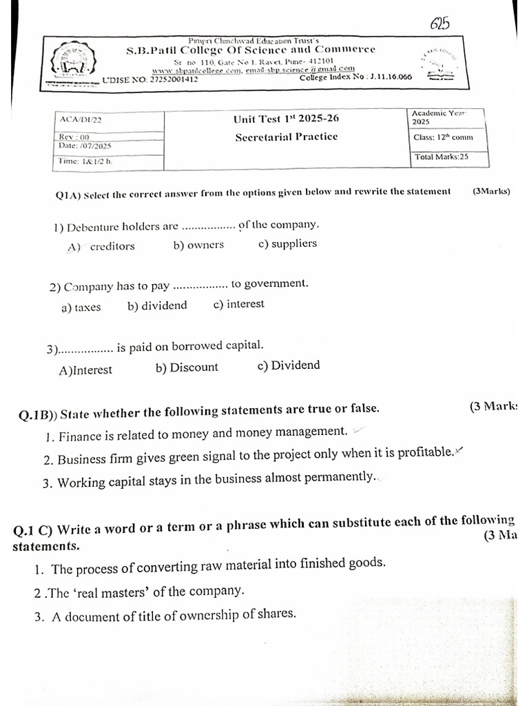 Unit Test Paper SP 1,2 Lesson | PDF
