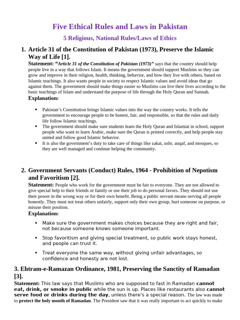 Five Ethical Rules and Laws in Pakistan | PDF | Human Rights | Capital ...