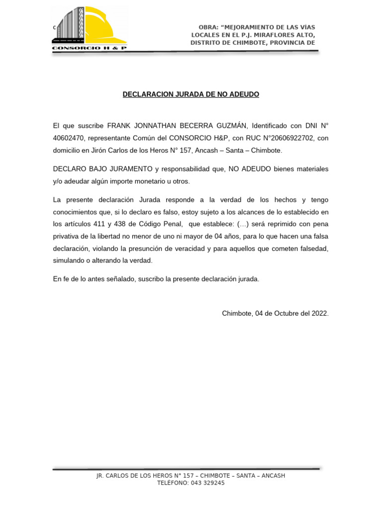 Declaracion Jurada de No Adeudo | PDF