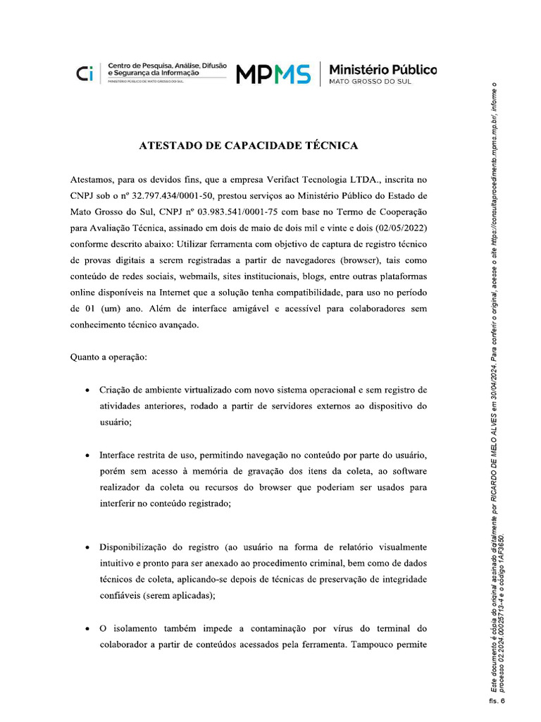 Atestado Ministerio Publico Ms Verifact | PDF