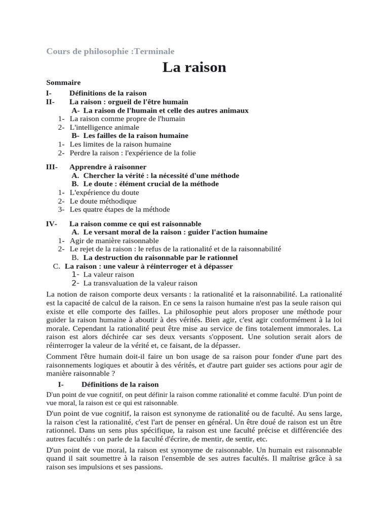 La Raison - Cours | PDF | Raison | René Descartes