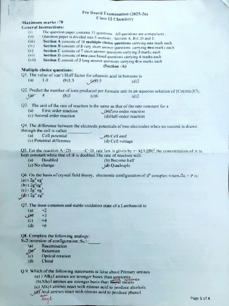 Chemistry Pre-Board 2 Marking Scheme | PDF | Reaction Rate | Chemical ...