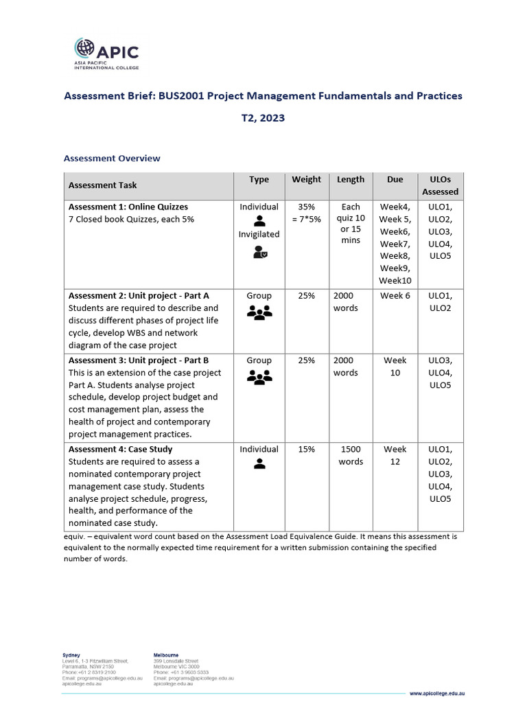 BUS2001-Assessment Brief T2 2023 | PDF | Project Management | Quiz