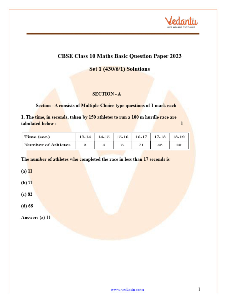 Class 10 Maths 2023 Basic Set 1 (430!6!1) Question Paper With Solutions ...