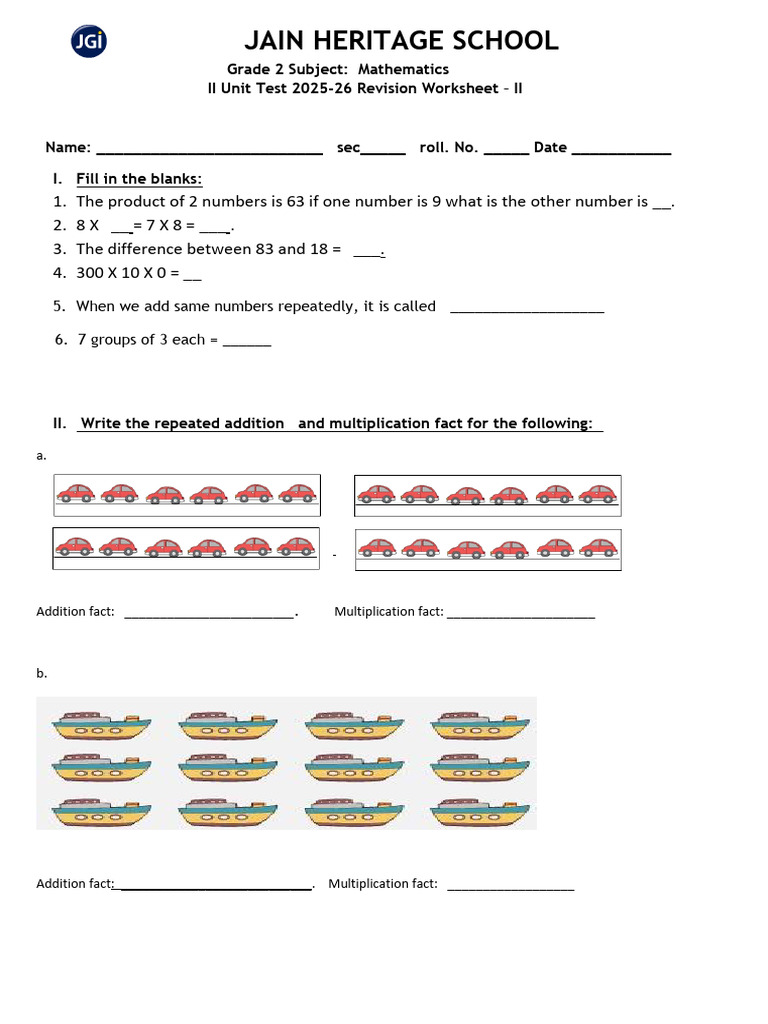 Grade 2-Mathematics - II Unit Test-Revision Work Sheet-2 | PDF ...