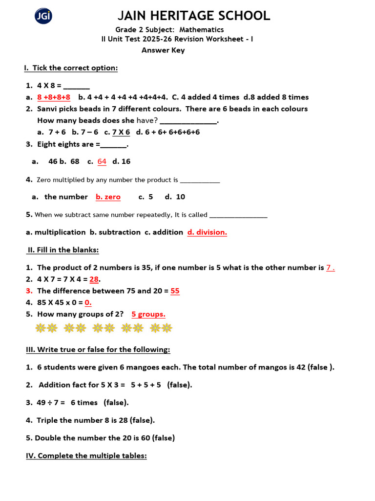 Grade 2-Mathematics - II Unit Test-Revision Worksheet - 1 Answer Key ...
