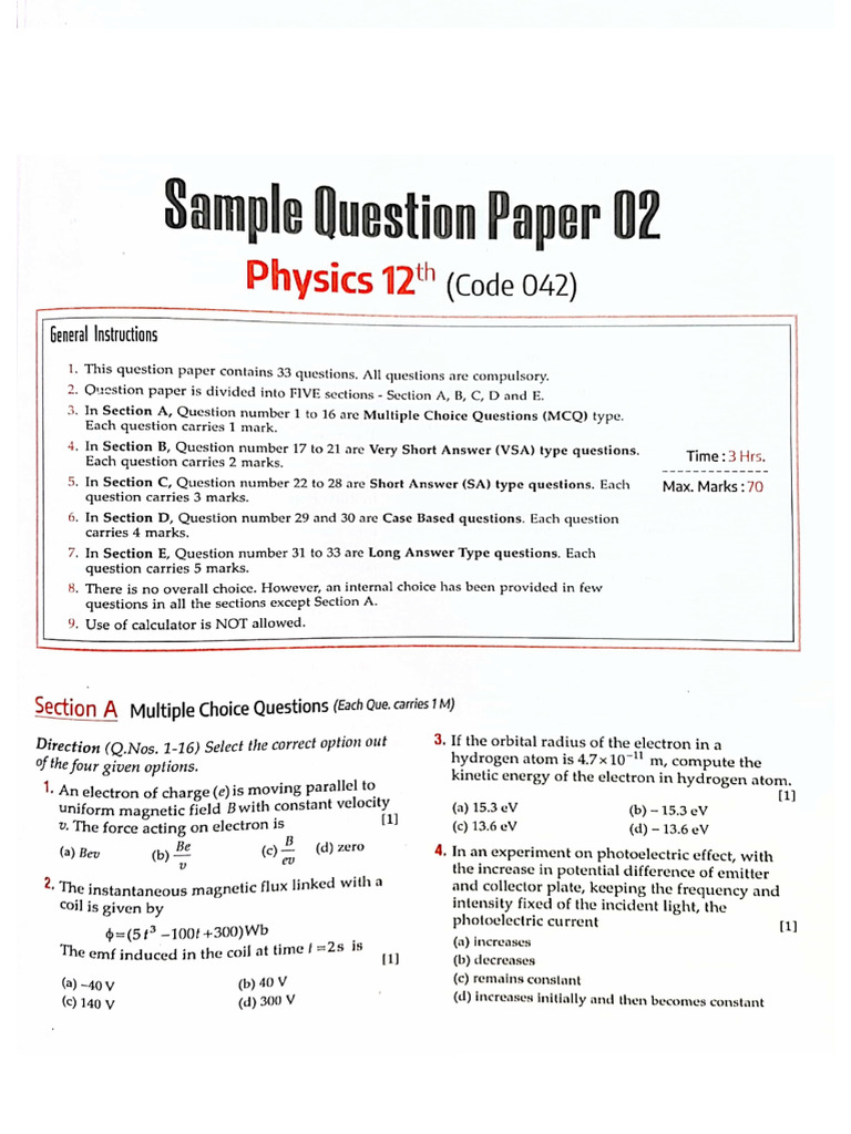 Physics Sample Paper 2 | PDF