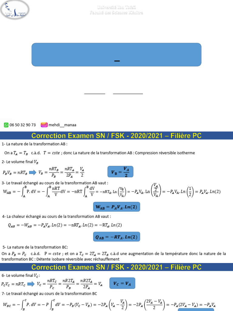 Correction Examen SN Thermodynamique FSK PC S1 2020 2021 | PDF ...