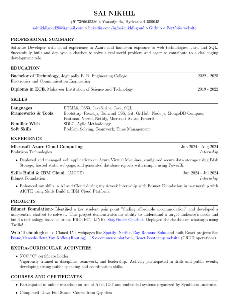 Sai Nikhil Developer Resume | PDF | Microsoft Azure | Cloud Computing