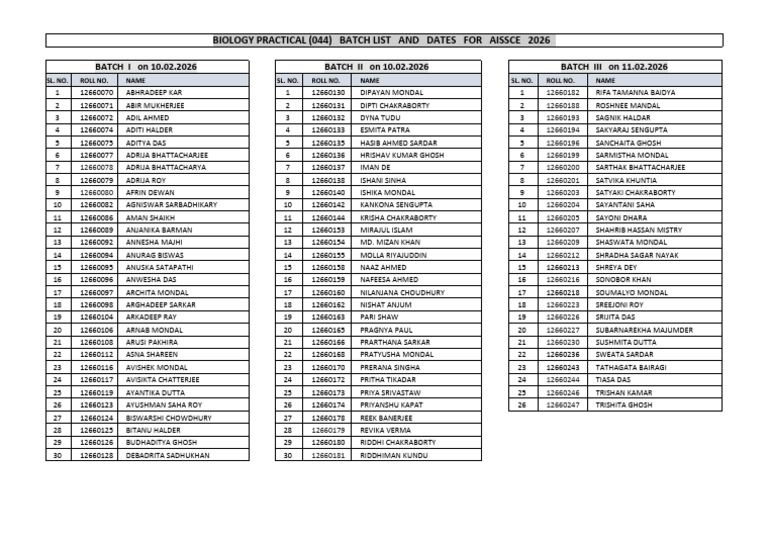 Bio Practical AISSCE Batch List 2026 | PDF