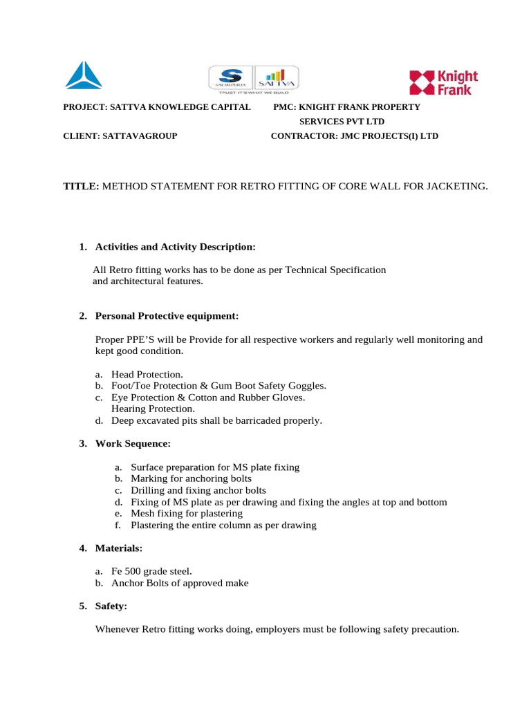 Method Statement of Jacketing For Core Wall | PDF | Personal Protective ...