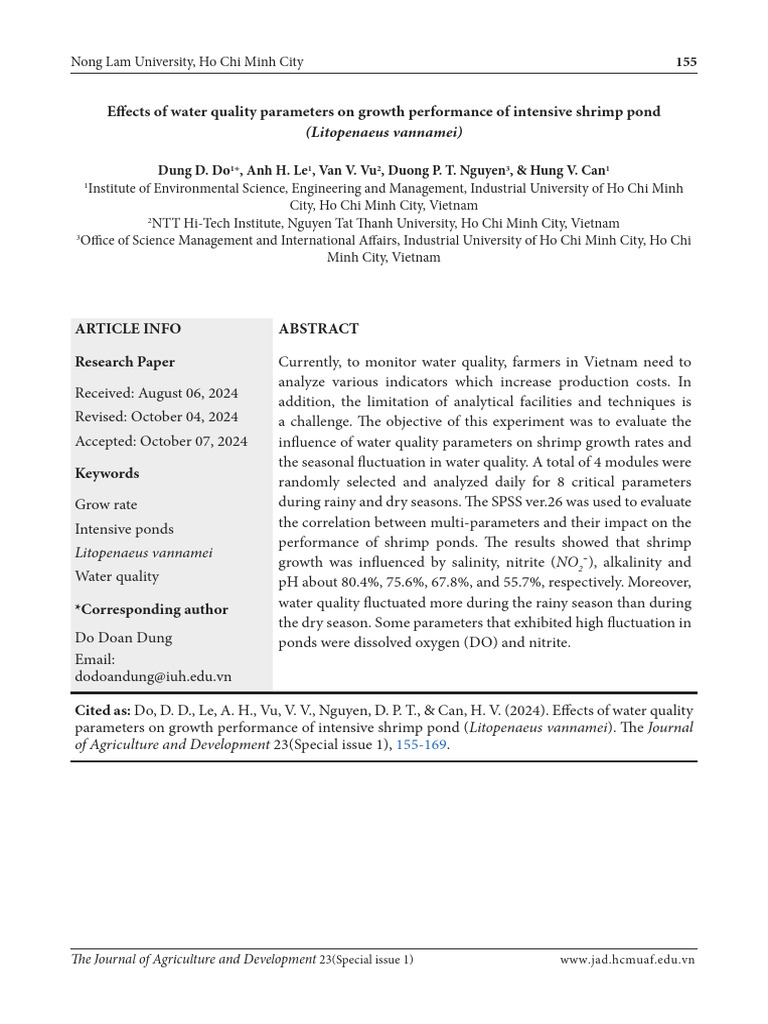 Effects of Water Quality Parameters On Growth Performance of Intensive ...