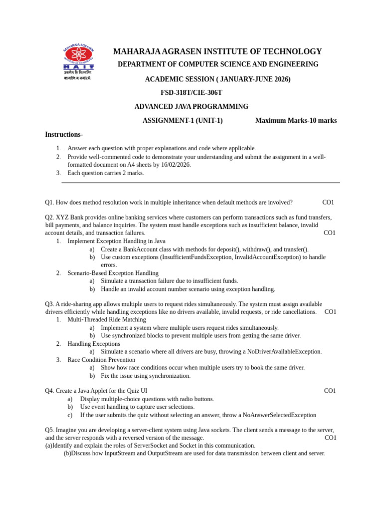 Advanced Java 2026 Assignment1-Unit1 | PDF | Java (Programming Language ...
