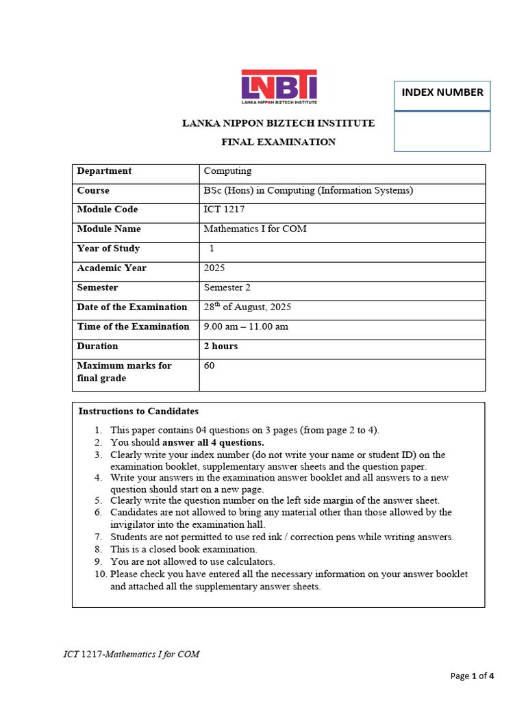 Math I COM Final Paper 2025 II - Final | PDF | Matrix (Mathematics ...