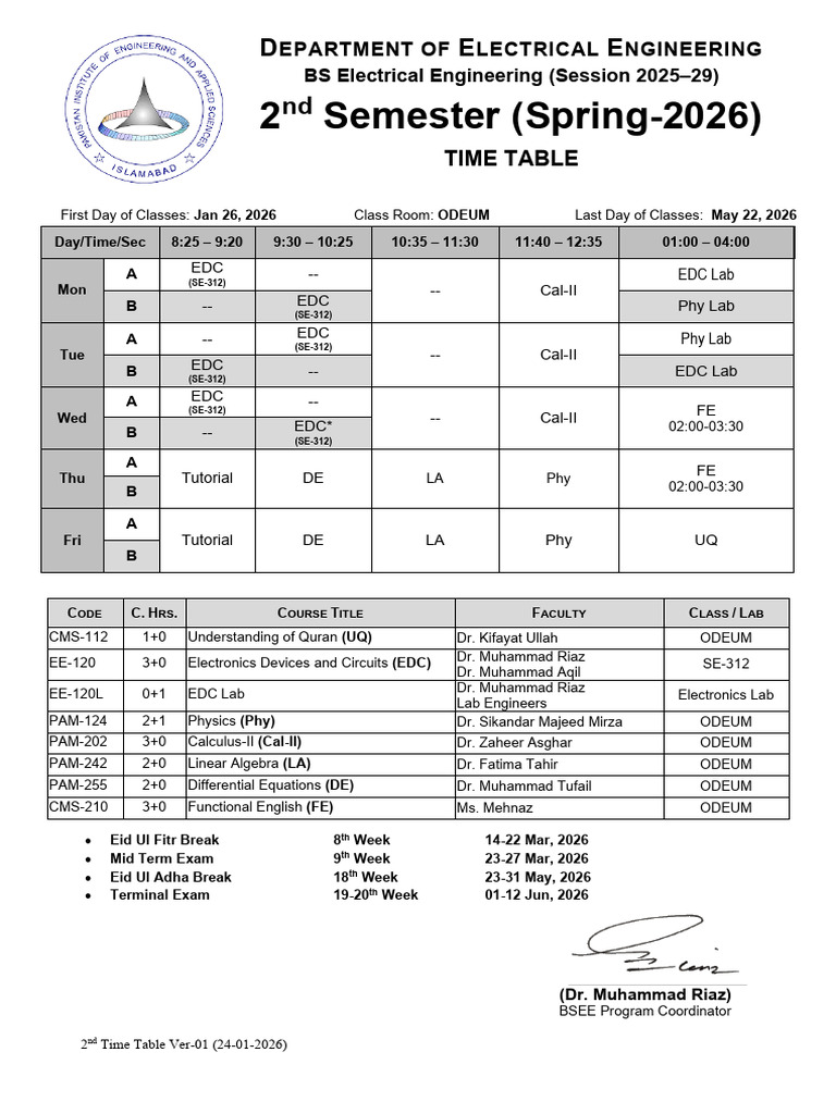 Time Table BSEE 2nd Semester 24012026-Ver 1.0 | PDF | Mathematical ...