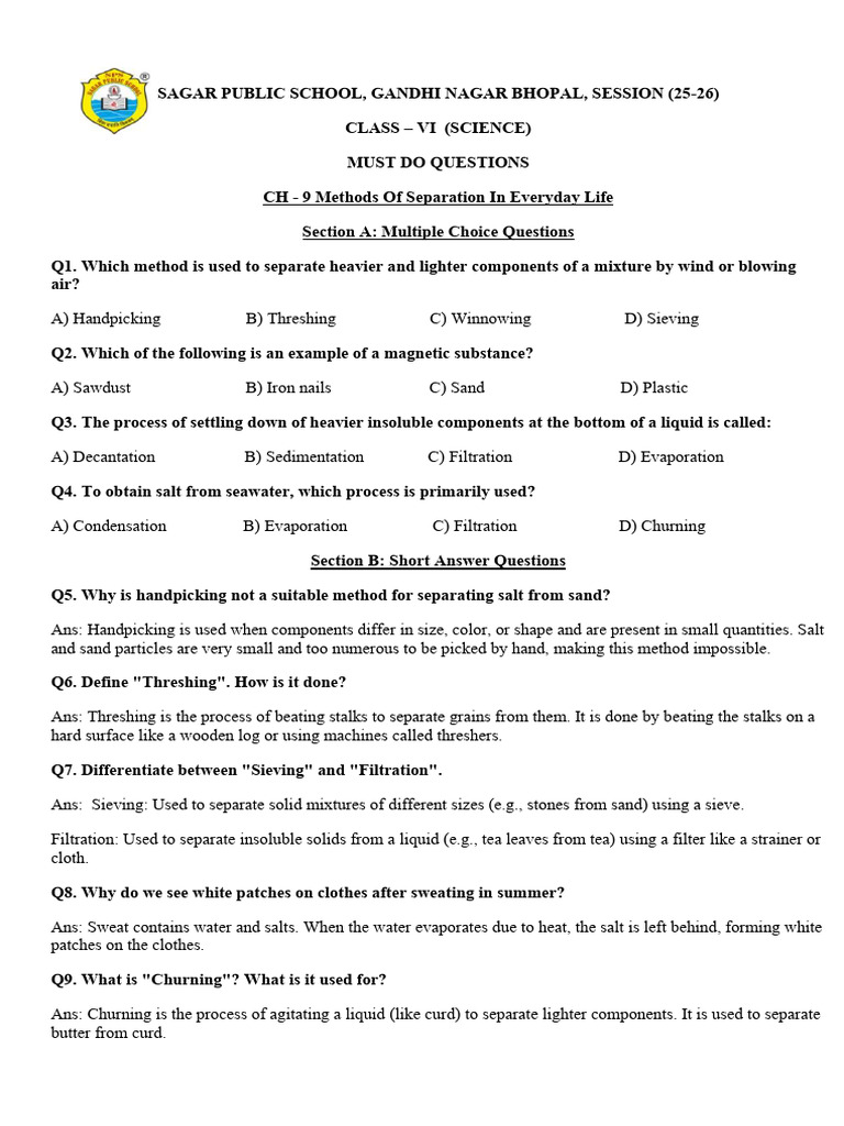 Must Do Questions WS-2- Methods of Separation 6th | PDF | Filtration ...