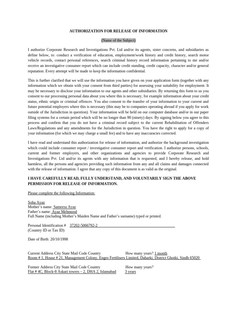 Authorization For Release-Consent Form | PDF | Criminal Record | Justice